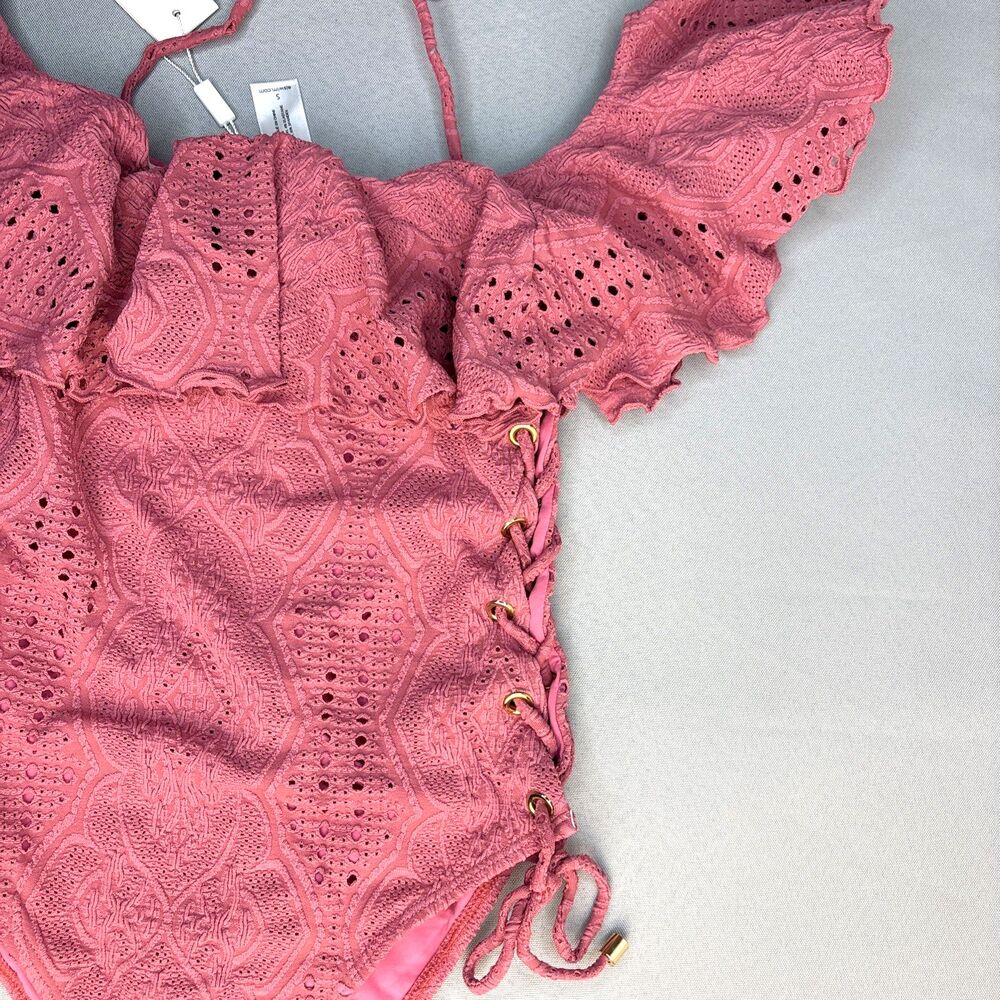 New Pink Swimsuit One Piece Lucia Ruffle Off Shoulder Side Tie Lined S-XL $170 - Picture 9 of 16